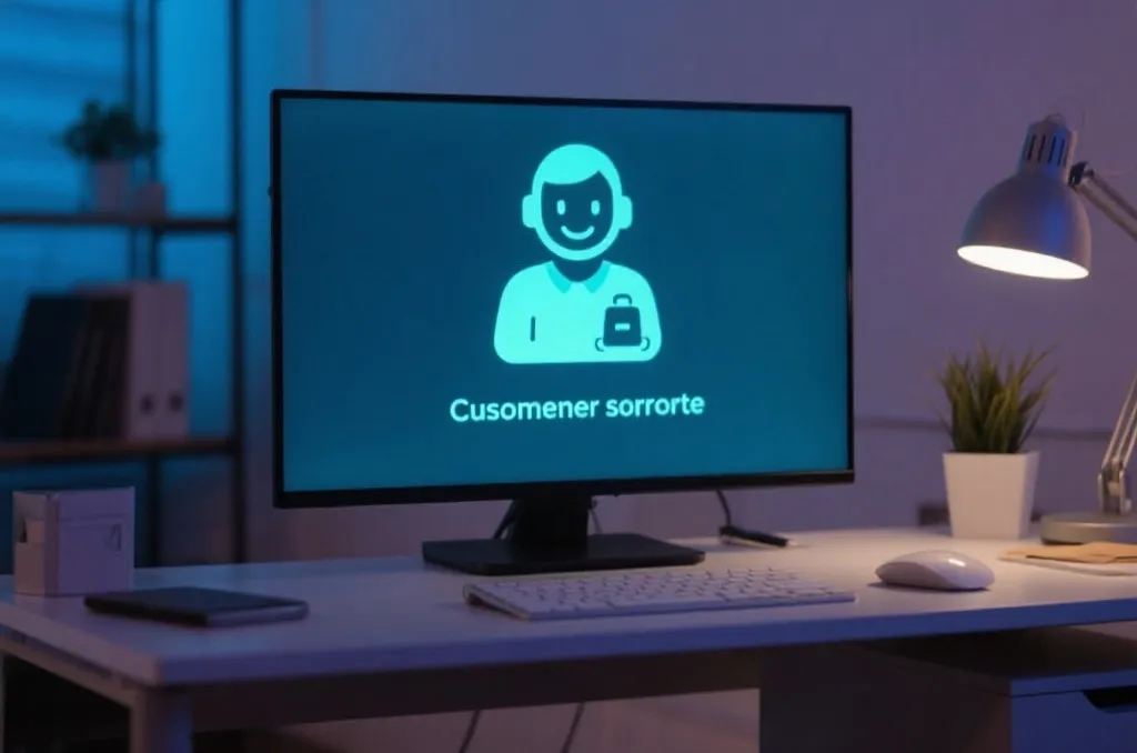 A friendly customer support agent icon on a glowing digital screen, modern workspace setup