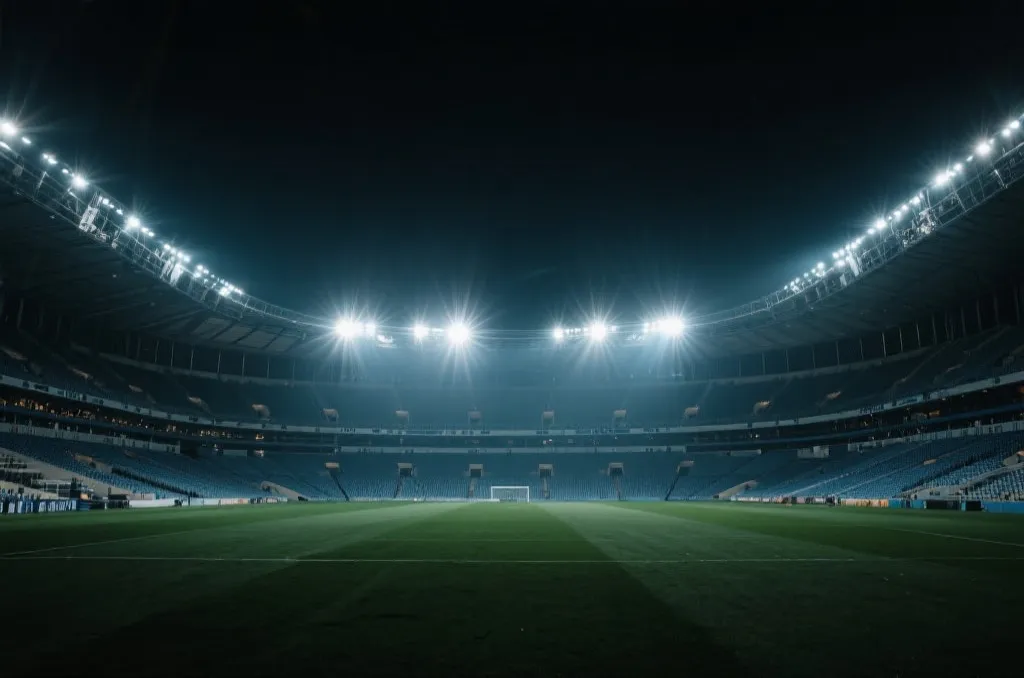 A majestic modern football stadium illuminated by bright floodlights at night, dramatic atmosphere, cinematic wide-angle shot